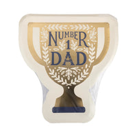 Number 1 Dad Trophy Plates in clear packaging, displaying the gold trophy design.