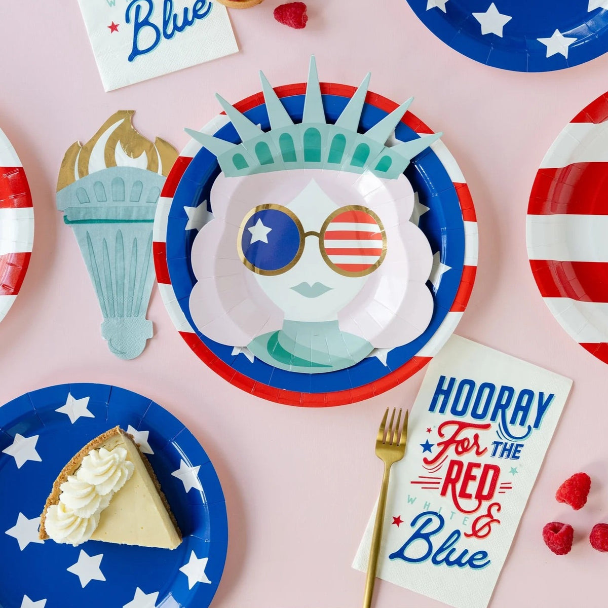 Hooray for the red white and blue paper dinner napkins.