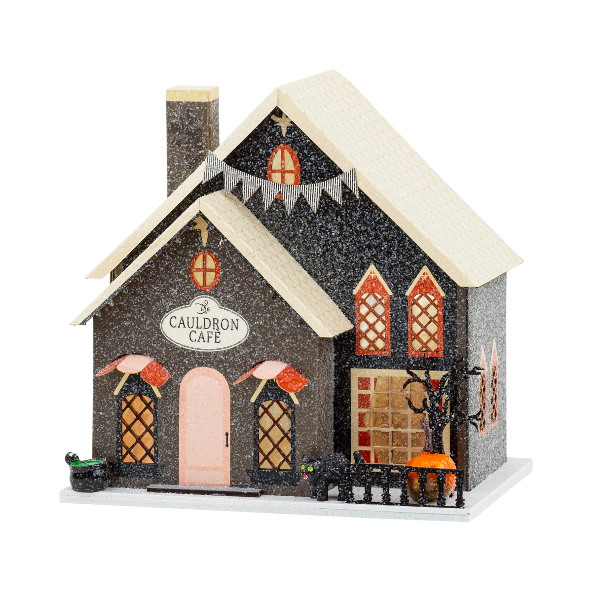 Cauldron Cafe light up Halloween village house in black glitter with pink door, black cat and cathedral windows