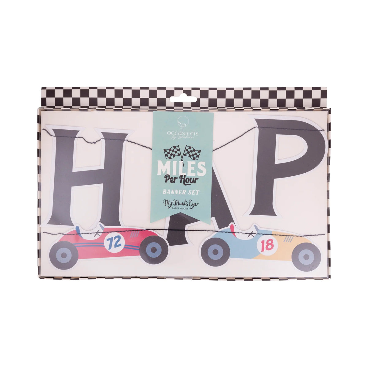 Detailed view of the colorful car illustrations on the Miles Per Hour Happy Birthday Banner.