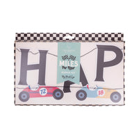 Detailed view of the colorful car illustrations on the Miles Per Hour Happy Birthday Banner.