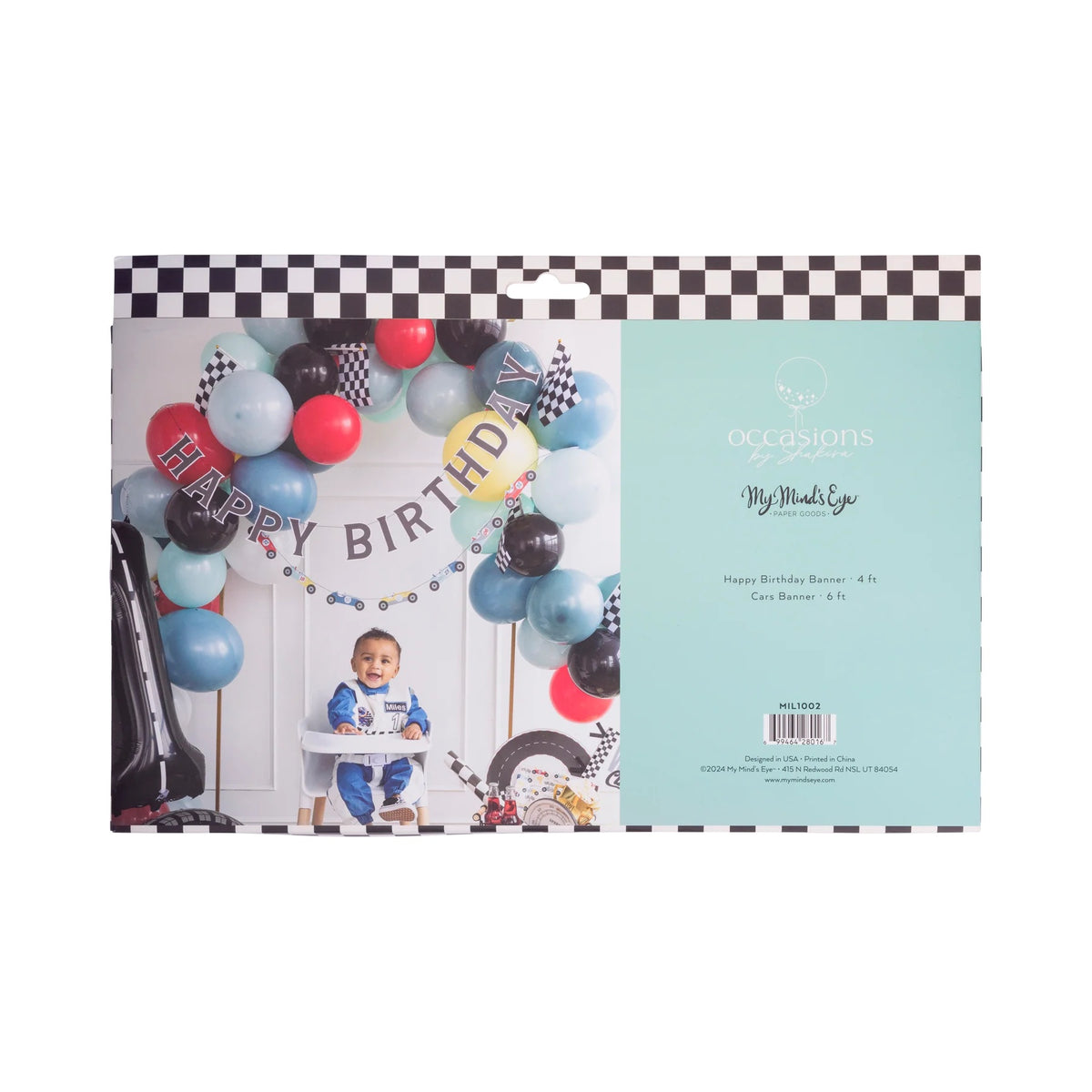 Miles Per Hour Happy Birthday Banner alongside matching car-themed decorations and party supplies for a cohesive look.