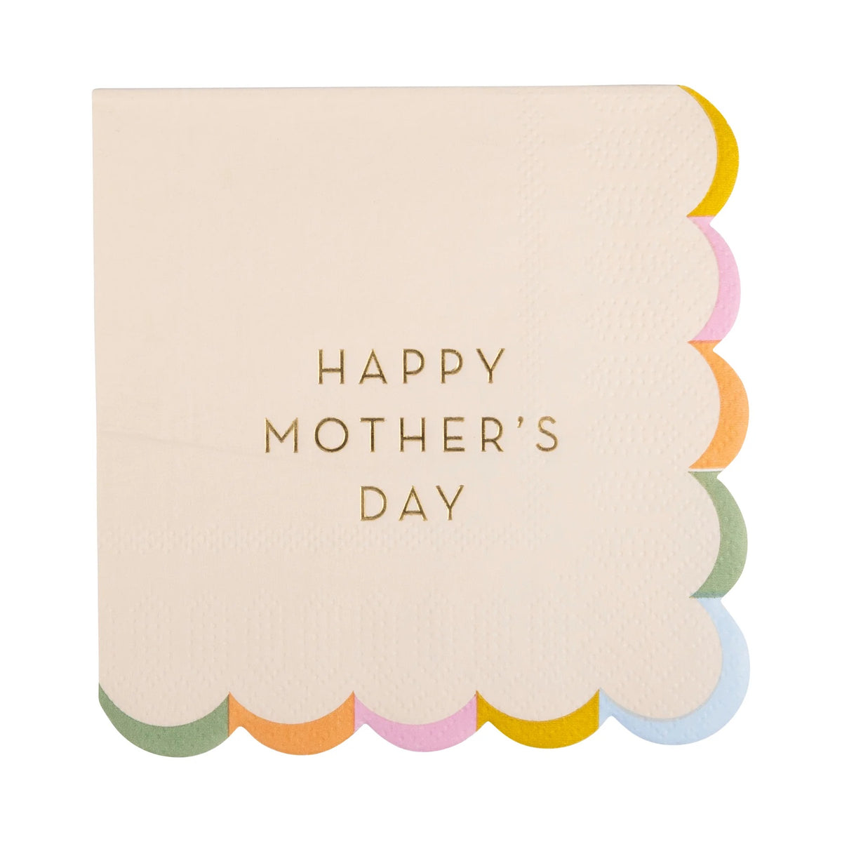 A single square napkin featuring elegant gold foil lettering that reads "Happy Mother's Day," with scalloped edges in soft pastel colors, perfect for a Mother’s Day brunch or breakfast in bed.