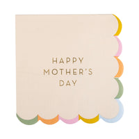 A single square napkin featuring elegant gold foil lettering that reads "Happy Mother's Day," with scalloped edges in soft pastel colors, perfect for a Mother’s Day brunch or breakfast in bed.