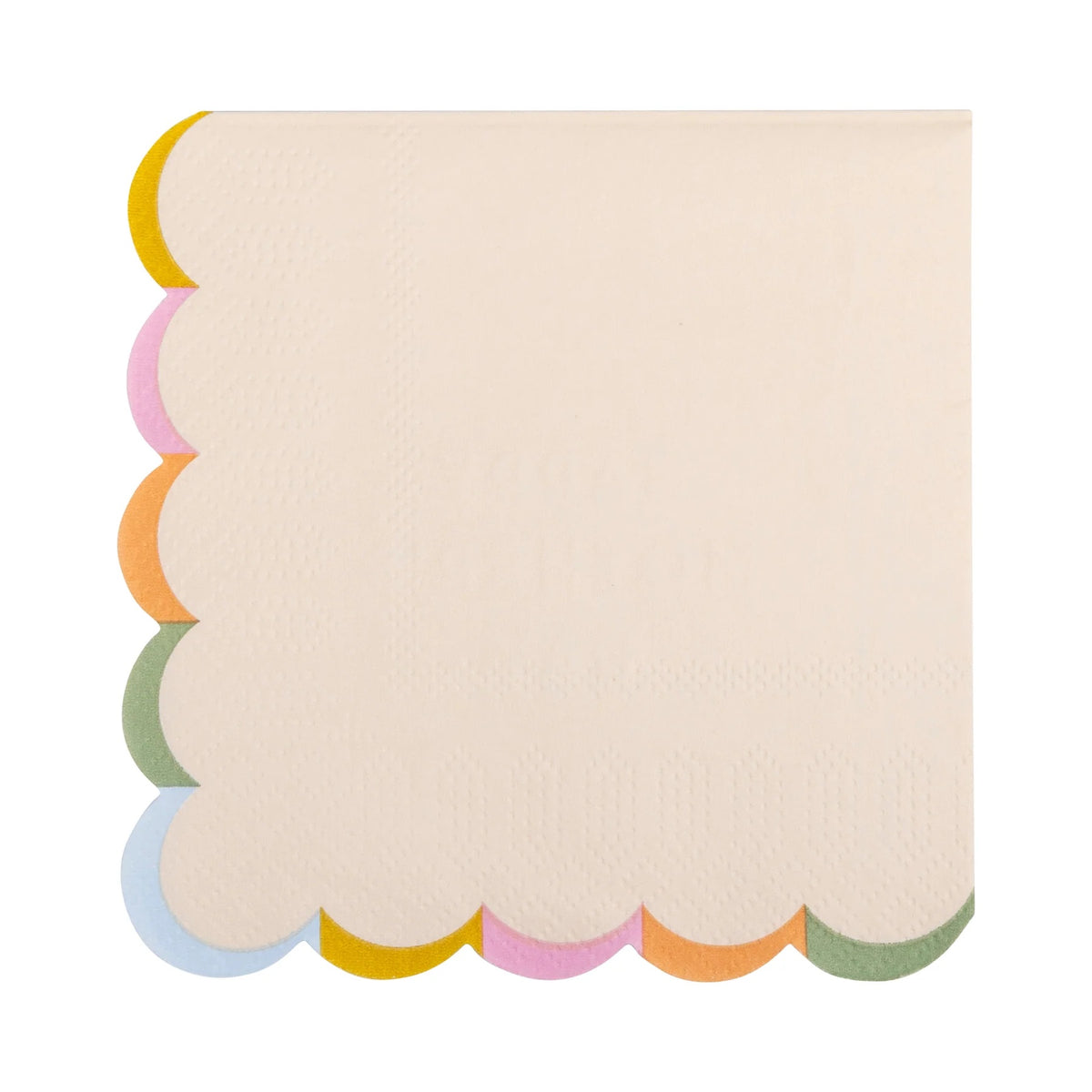 A single unfolded napkin showcasing its cream-colored background with a scalloped trim in pastel shades of pink, blue, green, yellow, and orange, adding a festive and stylish touch to any Mother’s Day celebration.
