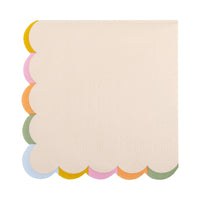 A single unfolded napkin showcasing its cream-colored background with a scalloped trim in pastel shades of pink, blue, green, yellow, and orange, adding a festive and stylish touch to any Mother’s Day celebration.