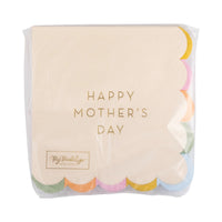 A pack of 18 scalloped-edge paper napkins with pastel rainbow trim and gold foil lettering that reads "Happy Mother's Day." The napkins are sealed in clear packaging with a product label on the front.