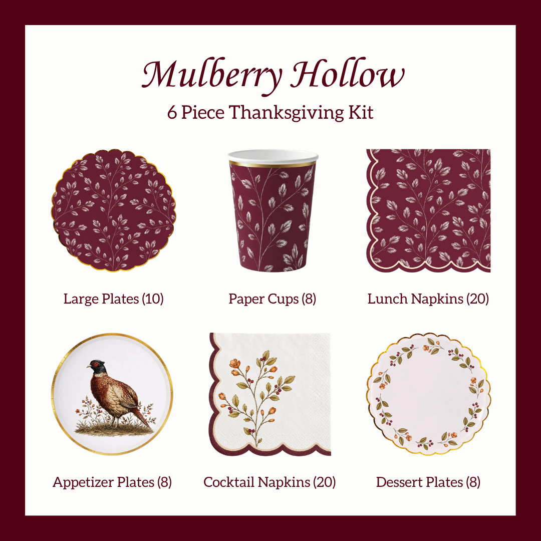 Collage of the Mulberry Hollow Thanksgiving Party Kit with mulberry foliage dinner plates, pheasant appetizer plates, floral dessert plates, matching cups and napkins for 8.