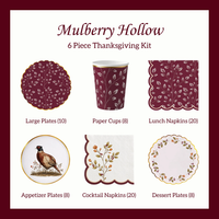 Collage of the Mulberry Hollow Thanksgiving Party Kit with mulberry foliage dinner plates, pheasant appetizer plates, floral dessert plates, matching cups and napkins for 8.
