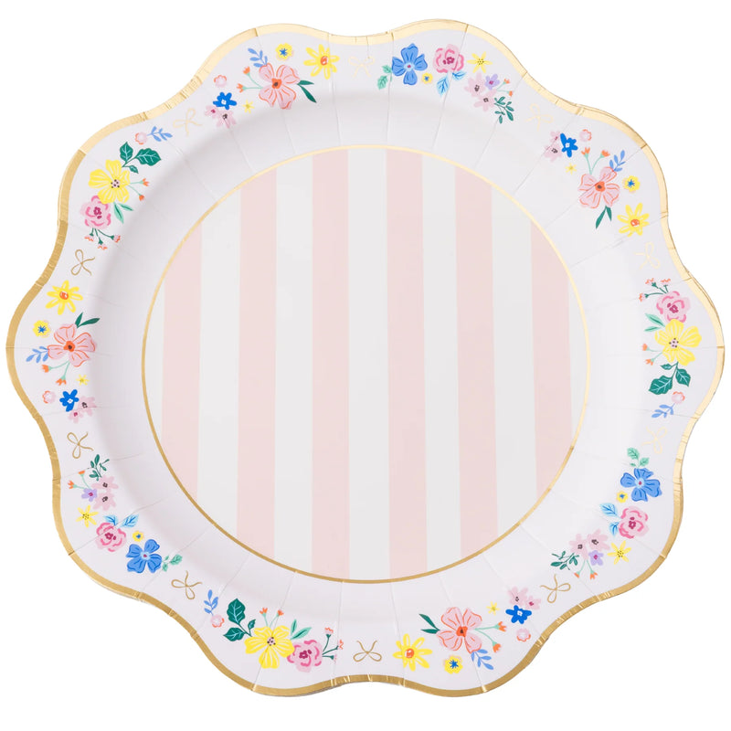Single multicolor elegant floral scalloped paper dinner plate with pink stripe center and gold foil border on white background
