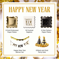 Happy New Year Party-in-a-Box graphic displaying gold embossed plates, cocktail napkins, star paper plates, a New Year banner set, and black-and-gold party hats on a festive gold background.