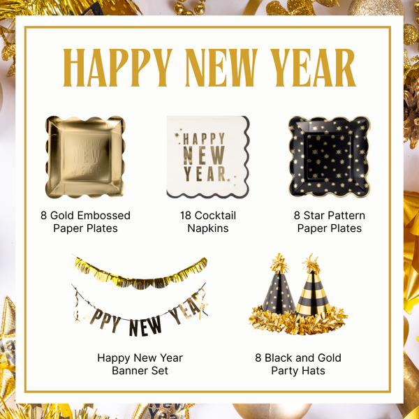 Happy New Year Party-in-a-Box graphic displaying gold embossed plates, cocktail napkins, star paper plates, a New Year banner set, and black-and-gold party hats on a festive gold background.