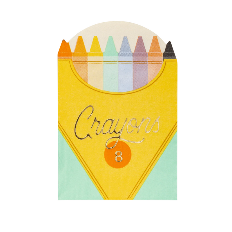 Unwrapped crayon box napkin showing bright yellow and mint design with eight colorful crayon tips and foil lettering.