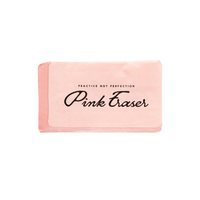 Unwrapped eraser-shaped napkin showing the full pink design and “Practice Not Perfection” phrase in black script.