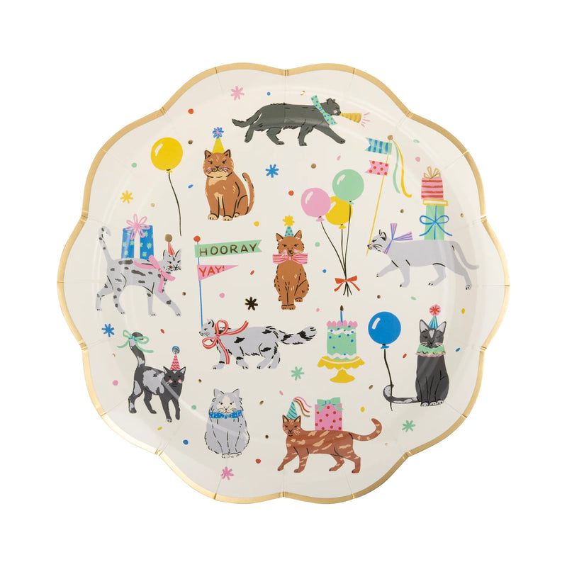 Isolated product shot of the Cat Party Plate on a white background, showcasing the all-over cat birthday design.