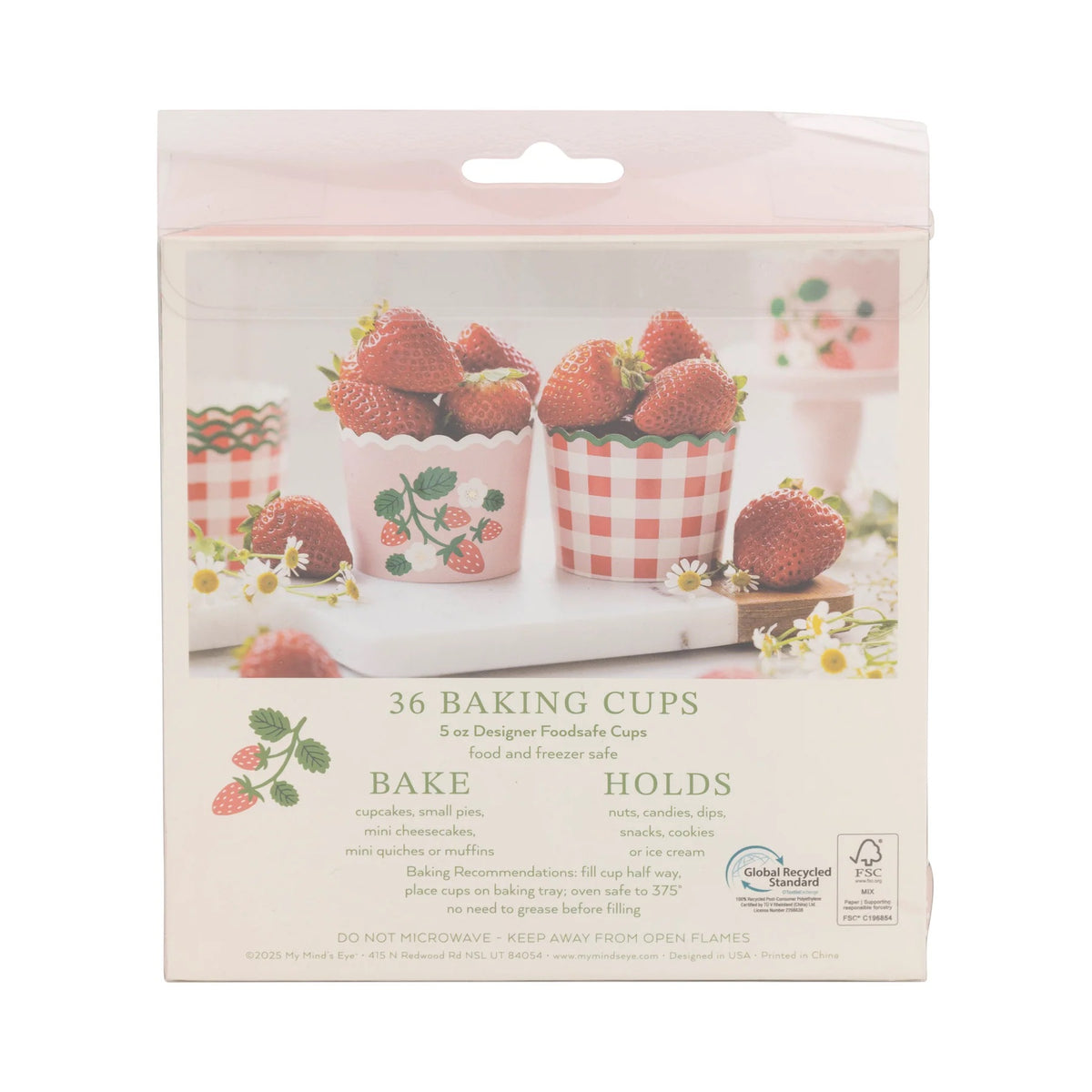Front view of the baking cup packaging featuring strawberry-filled cups and usage instructions.