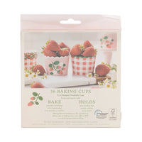 Front view of the baking cup packaging featuring strawberry-filled cups and usage instructions.