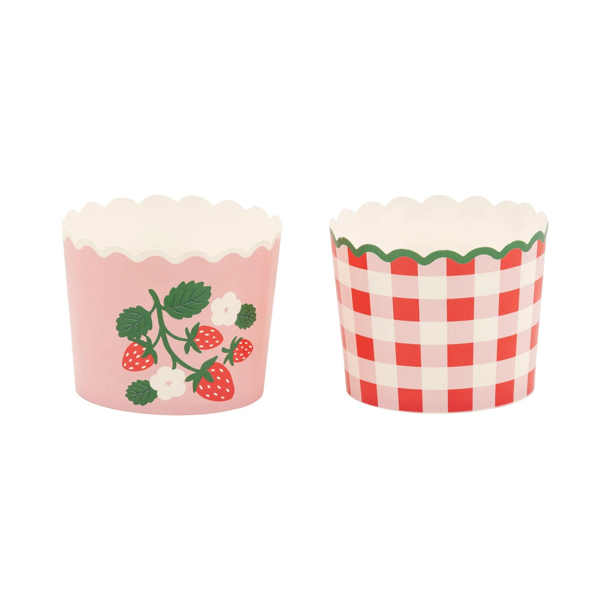 Product image of two empty baking cups, showcasing the pink strawberry design and red gingham print clearly.
