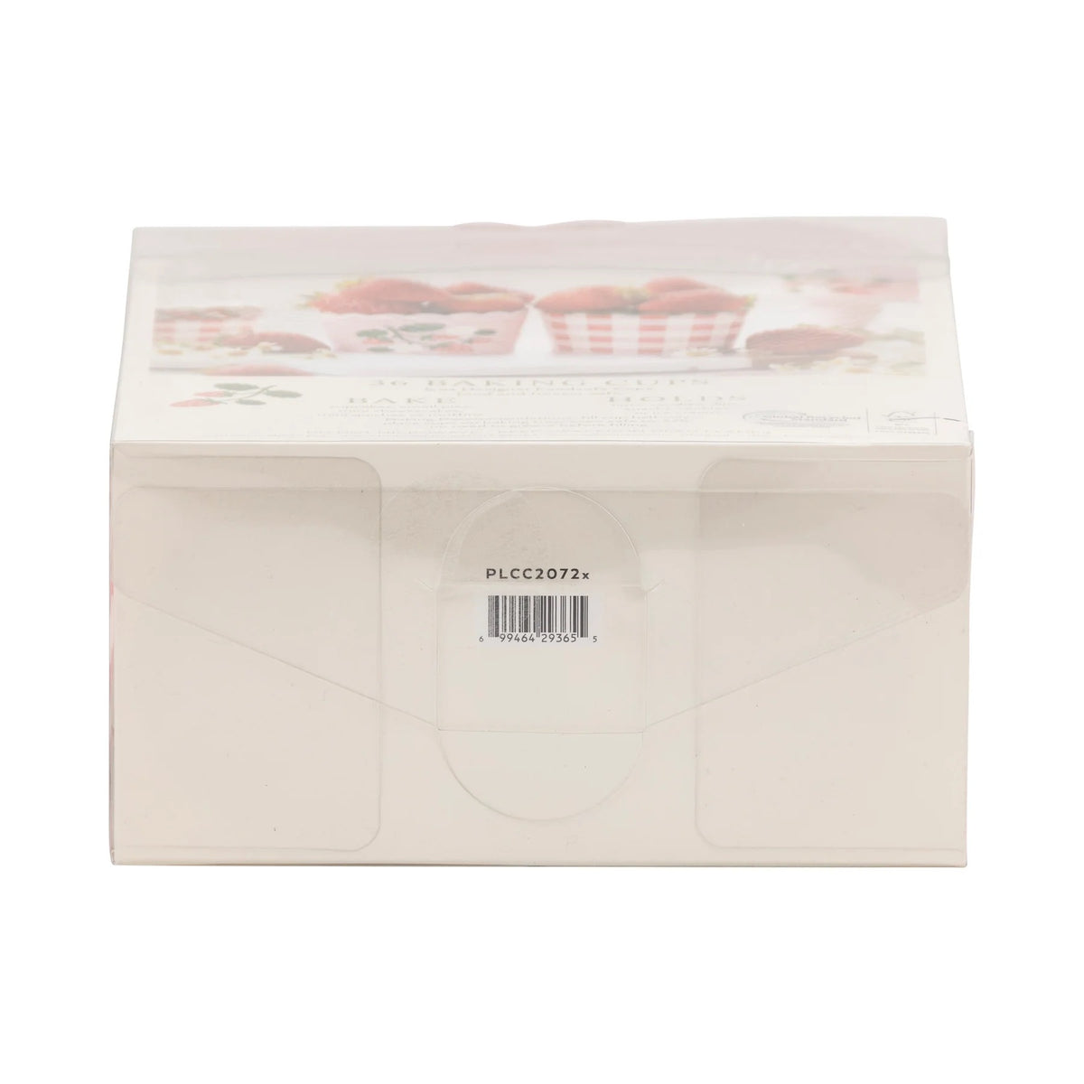 Bottom view of baking cup packaging showing product barcode and item number.