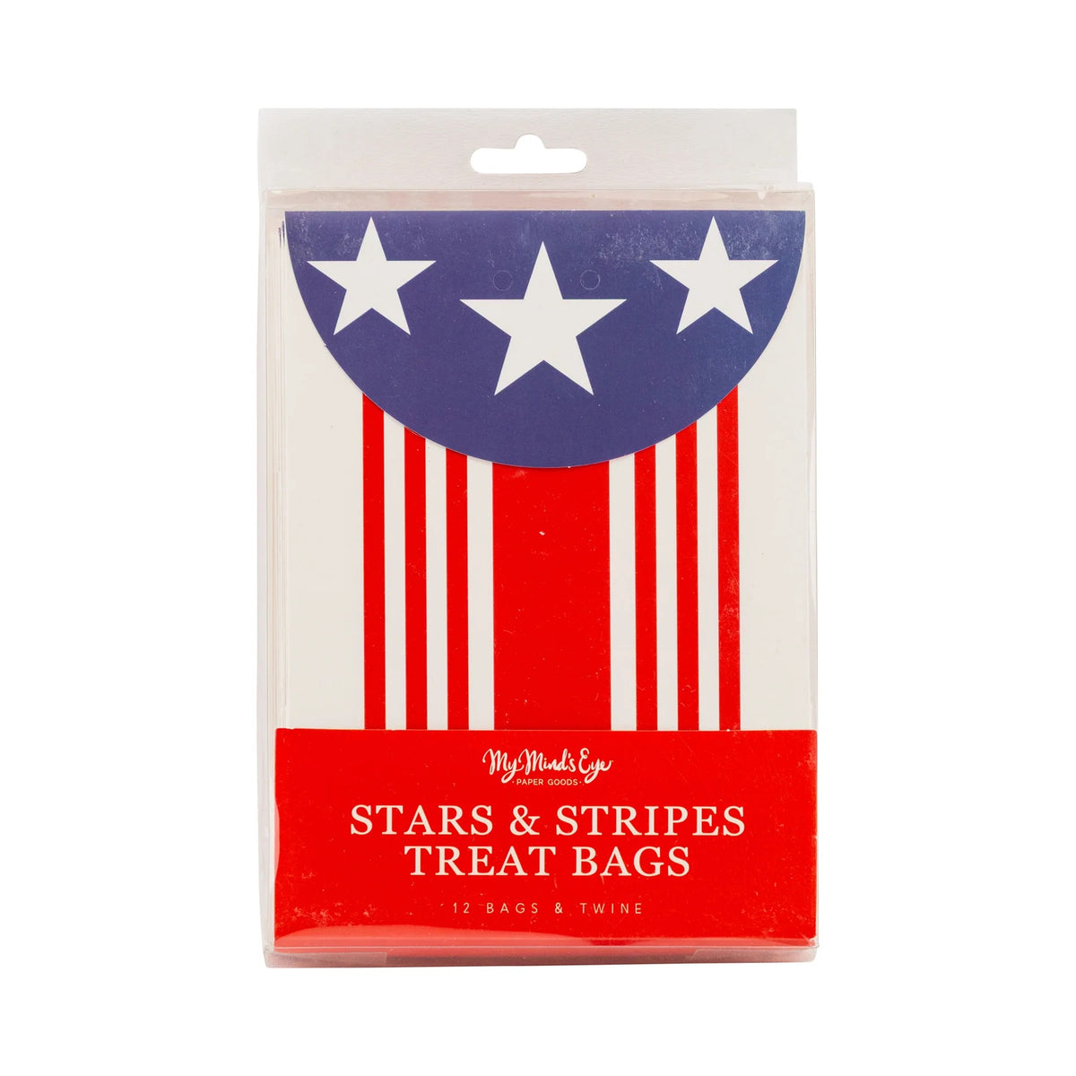 Red, white, and blue striped paper treat bag with stars and baker’s twine, perfect for 4th of July parties.