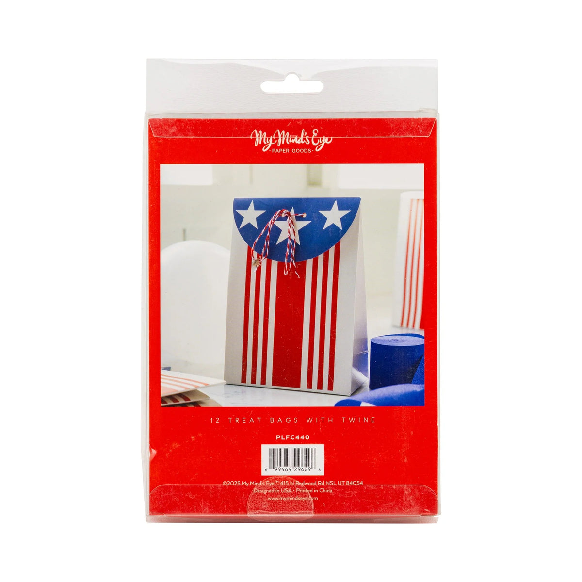 Patriotic party favor bag featuring classic Americana stripes, stars, and a decorative red and white baker’s twine bow.