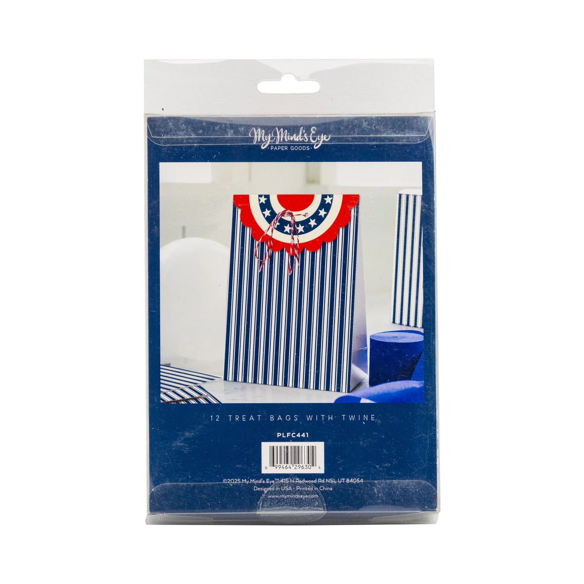 Close-up view of a vintage-inspired striped treat bag decorated with patriotic bunting details, ideal for 4th of July celebrations.