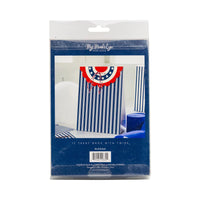 Close-up view of a vintage-inspired striped treat bag decorated with patriotic bunting details, ideal for 4th of July celebrations.