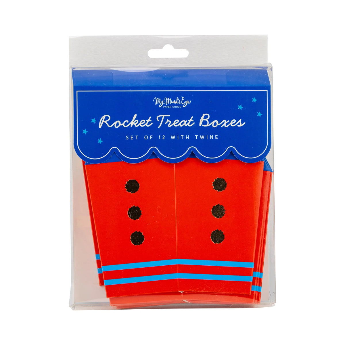 Close-up of a fun rocket-shaped goodie box tied with red and white baker’s twine, ideal for kids' birthdays or patriotic parties.