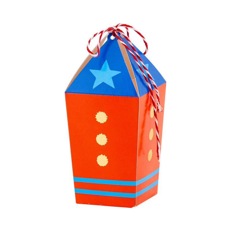 Rocket-shaped party favor boxes with bright patriotic colors and baker's twine, perfect for children's July 4th parties.