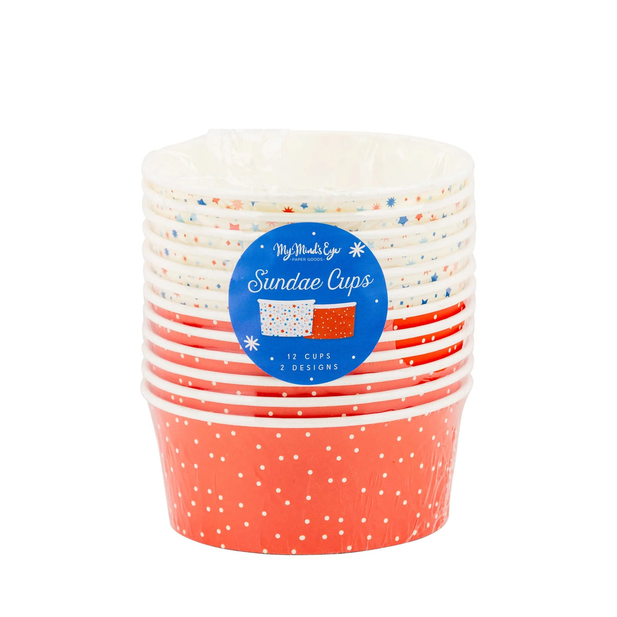 Colorful star-patterned ice cream bowls ready for serving sweet treats at a 4th of July ice cream party.
