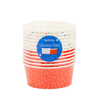 Colorful star-patterned ice cream bowls ready for serving sweet treats at a 4th of July ice cream party.