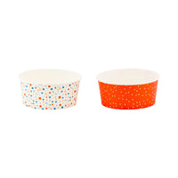 Two paper ice cream cups with playful red, white, and blue star patterns, perfect for summer ice cream parties.