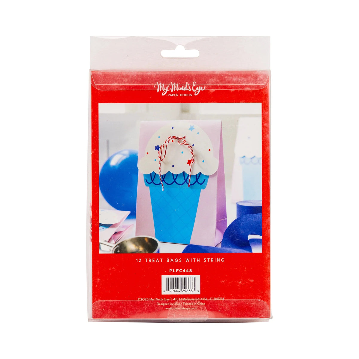 Pink and blue ice cream cone-shaped treat bag decorated with sprinkles and tied with red and white twine.