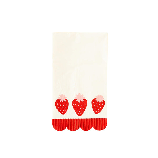 Close-up of a Berry Fringe scalloped guest towel highlighting its playful strawberry design, perfect for a strawberry-themed celebration.