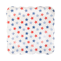Square paper plate with red, white, and blue stars and playful scalloped edges.
