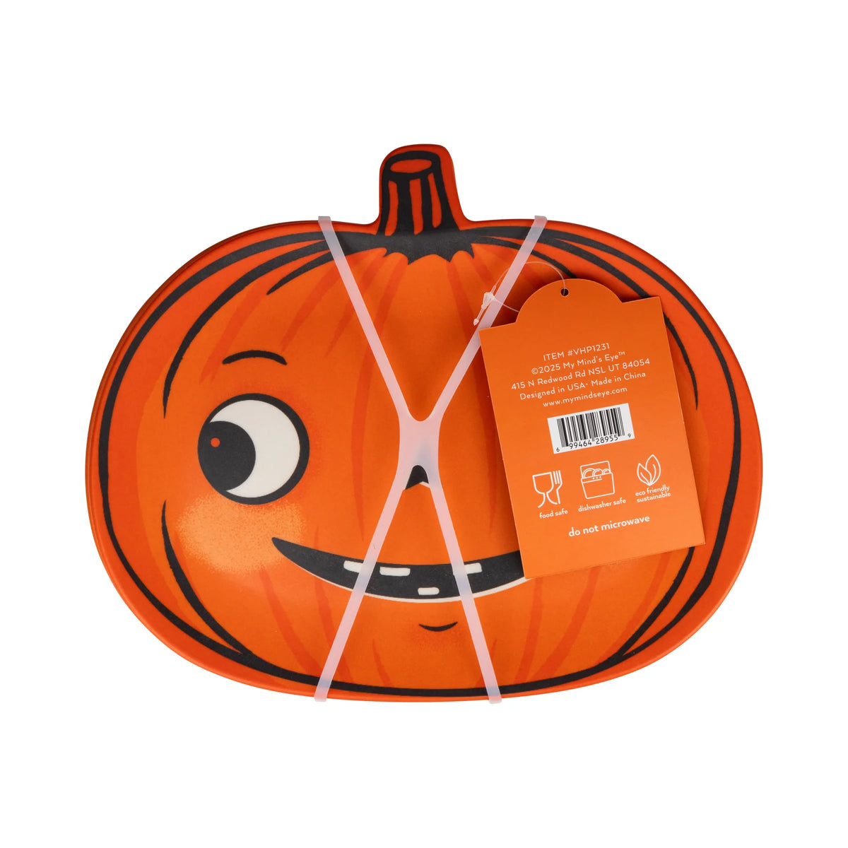Retro pumpkin bamboo plate with smiling jack-o’-lantern face, 10x8 inch, reusable Halloween plate.
