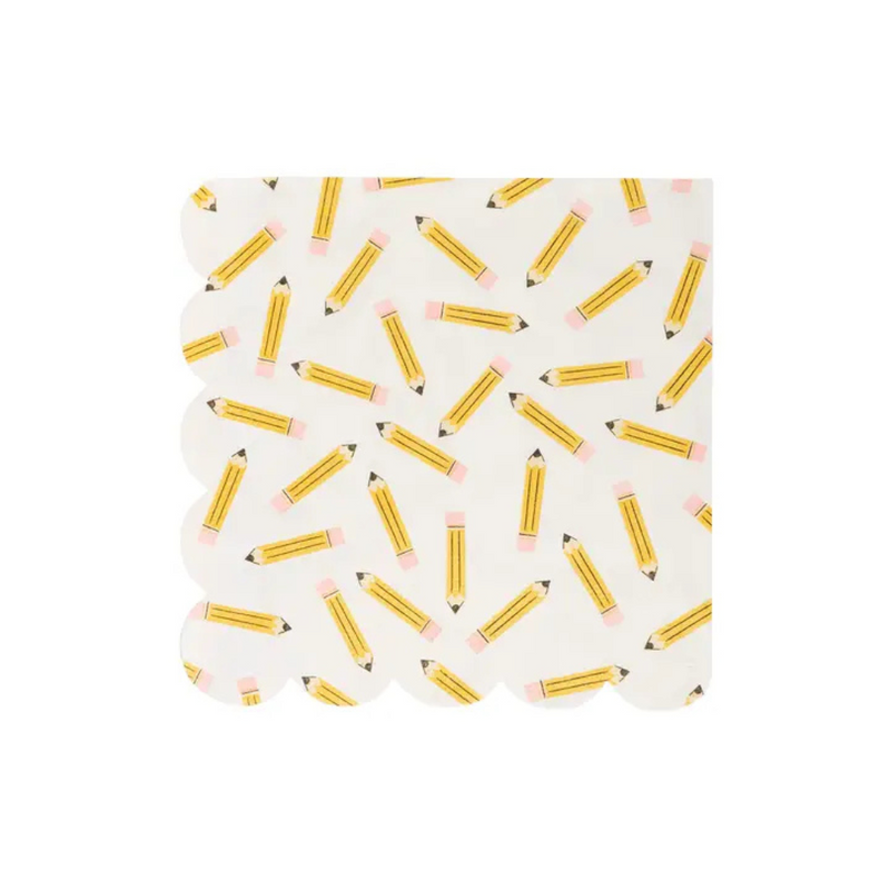 Flat lay of an individual scalloped cocktail napkin decorated with yellow pencils on a white background, ready for use.