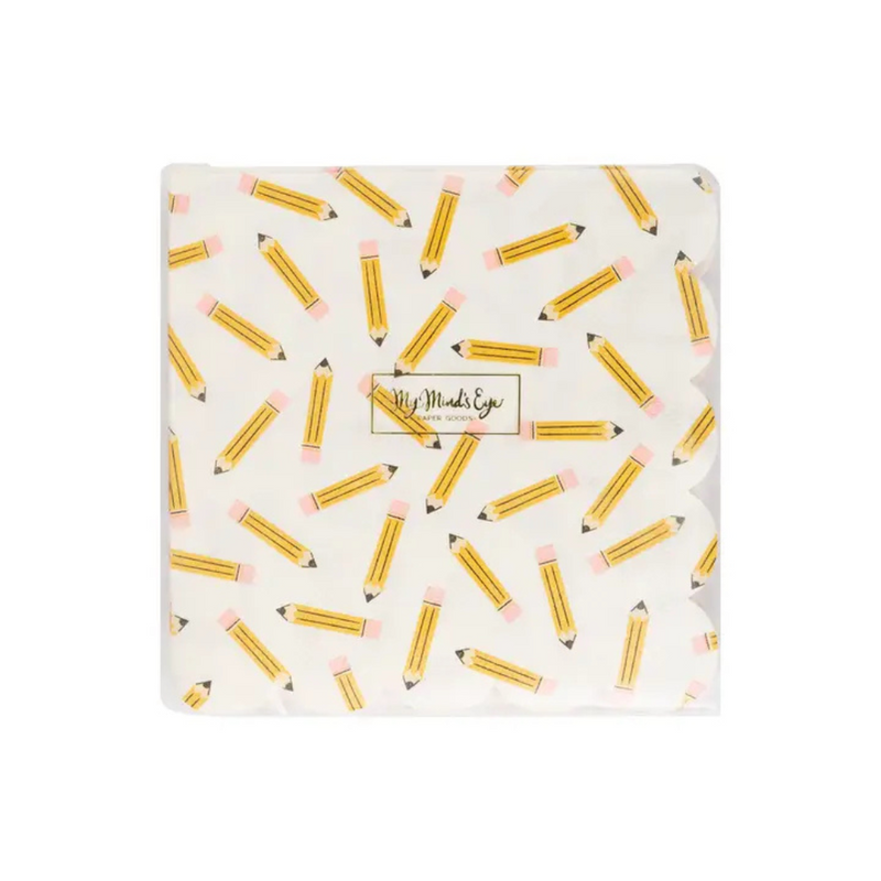 Front view of packaged pencil print napkins showing the full scattered pencil design and scalloped edges.