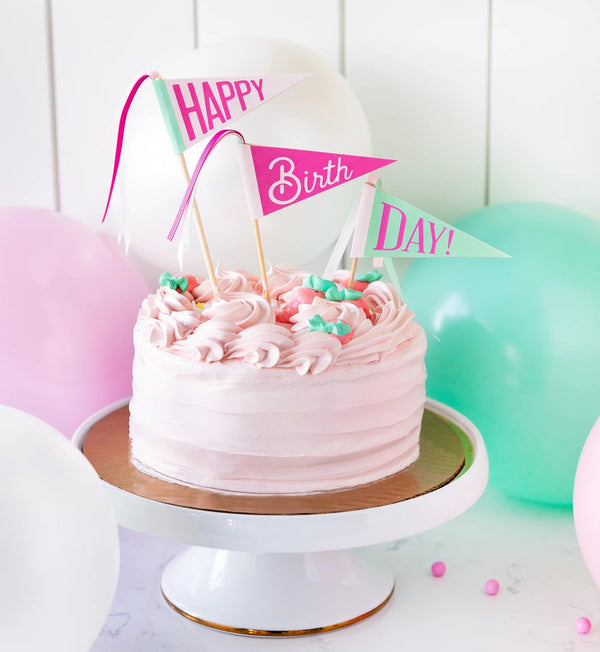 Pink Birthday Pennant Cake Toppers, 3ct | First Birthday Party Decor, Happy Birthday Cake Decor, Girls Birthday Party, Photo Booth Prop