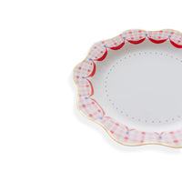 Red Gingham 4th of July Dinner Plates styled with burgers, hot dogs, and classic BBQ sides.