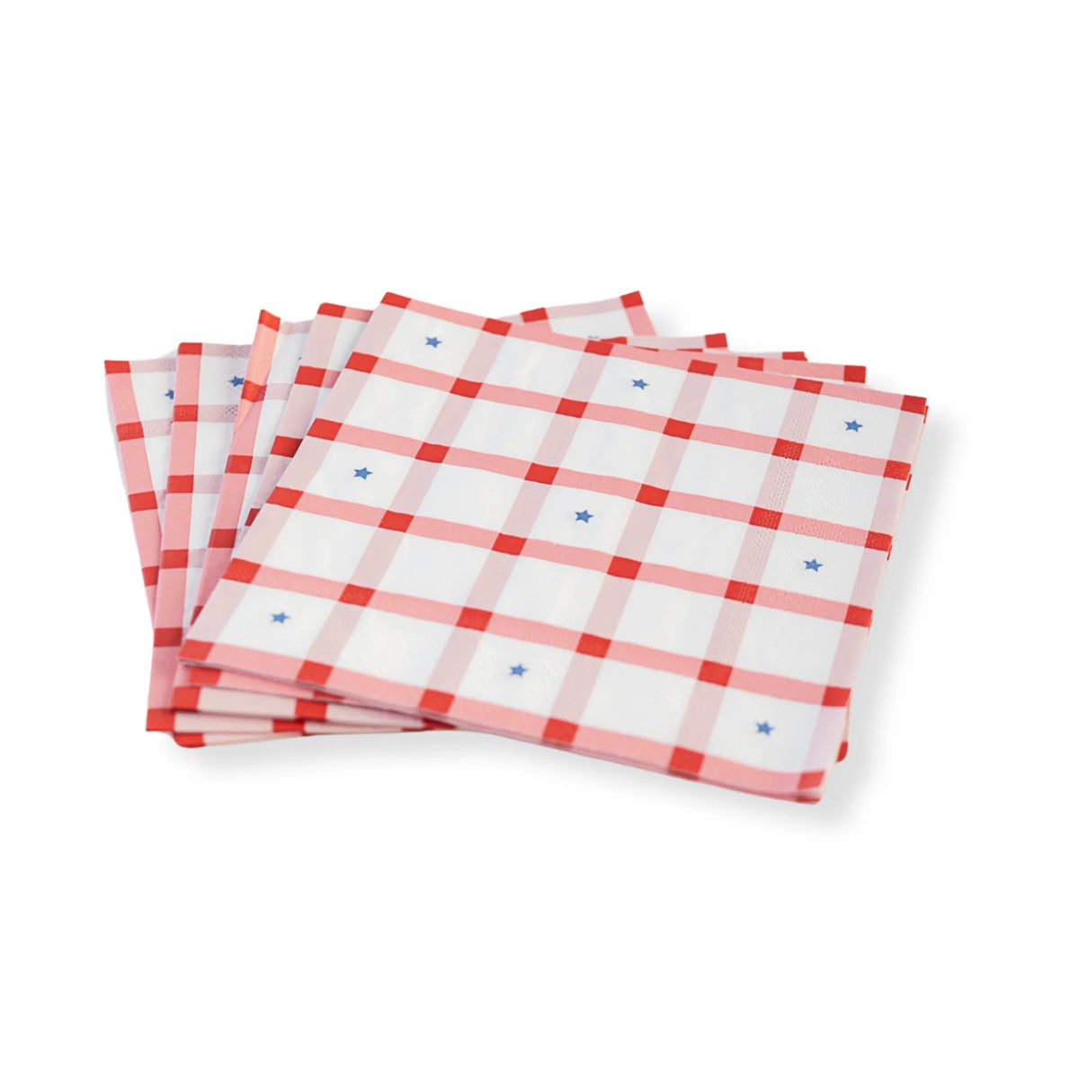Stack of Red Gingham 4th of July Large Napkins set beside grilled foods and festive drinks.