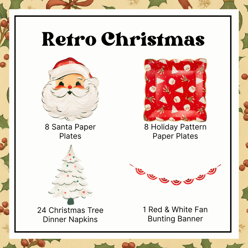Retro Christmas party-in-a-box featuring Santa plates, holiday pattern plates, Christmas tree dinner napkins, and red & white fan bunting banner.