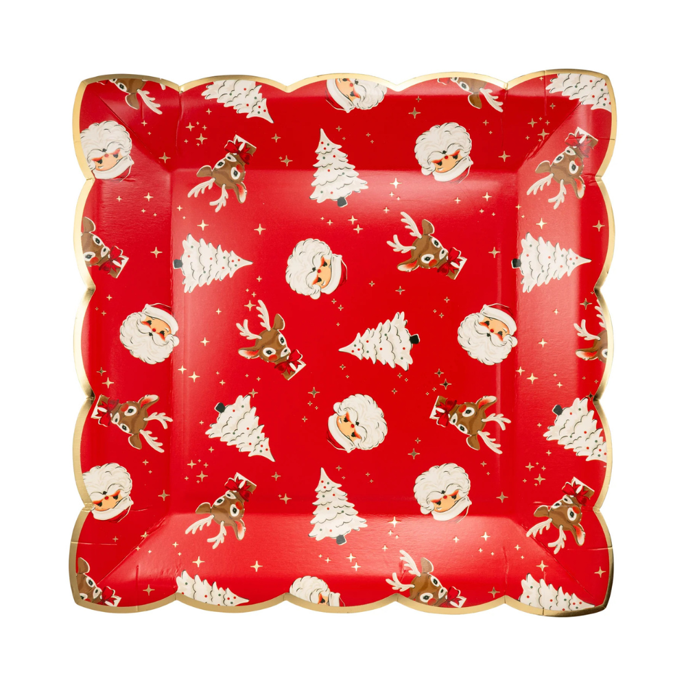 Single Retro Holiday Pattern Paper Plate featuring Santa, reindeer, and trees with gold foil edging.