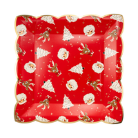 Single Retro Holiday Pattern Paper Plate featuring Santa, reindeer, and trees with gold foil edging.