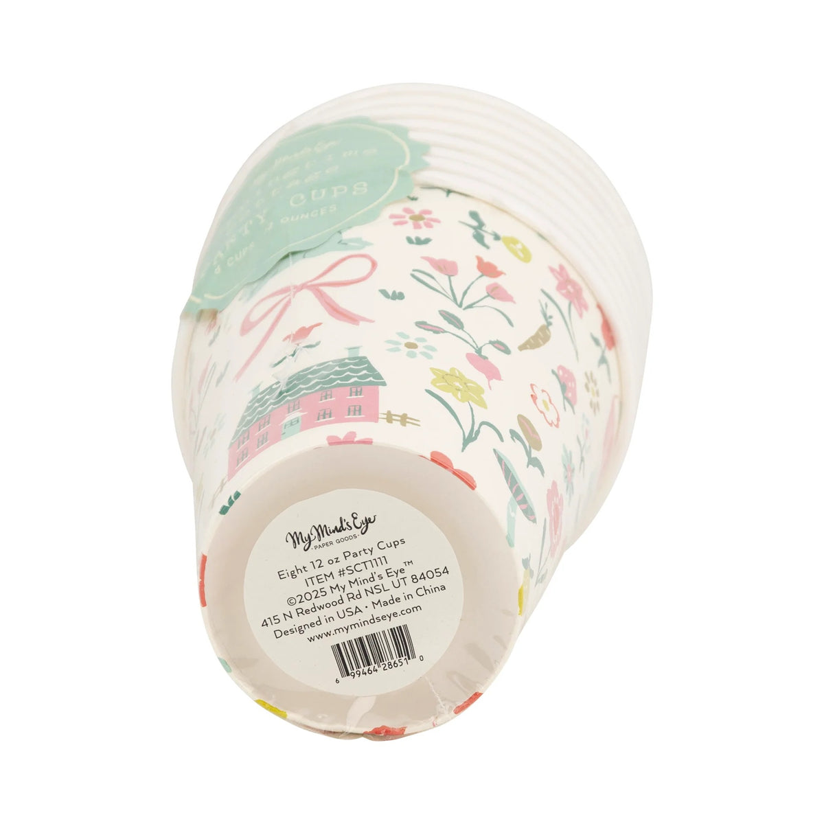 Bottom of Springtime Cottage Party Cups displaying eco-friendly, disposable design.