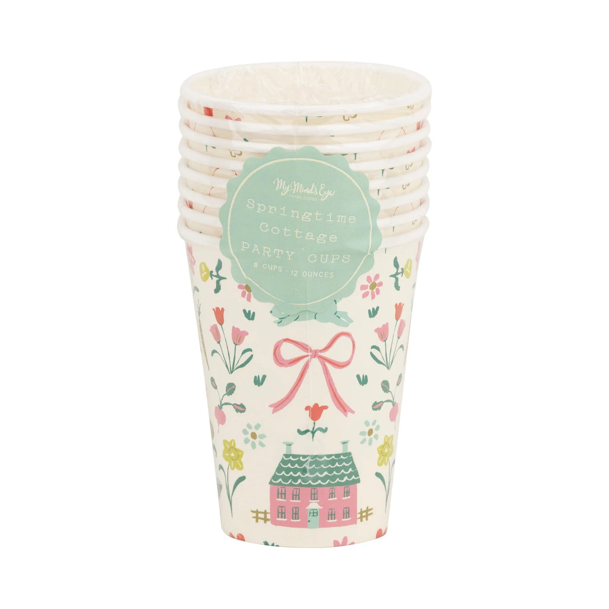 Springtime Cottage Party Cups in packaging, showcasing vintage-inspired floral designs.