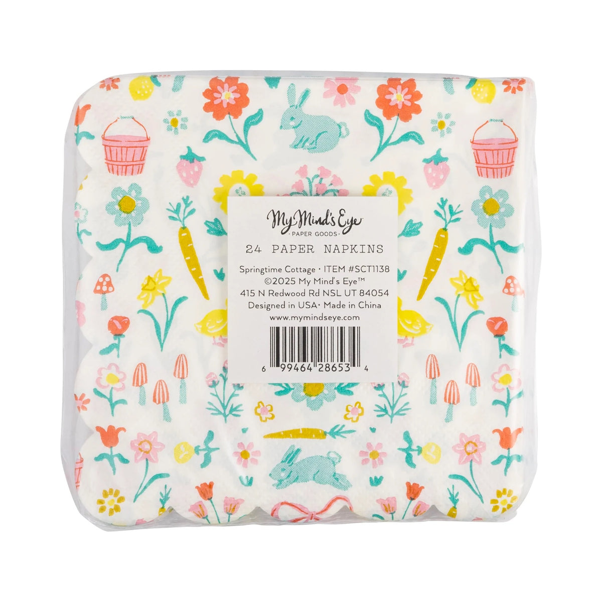Back of Springtime Cottage Cocktail Napkins in packaging.