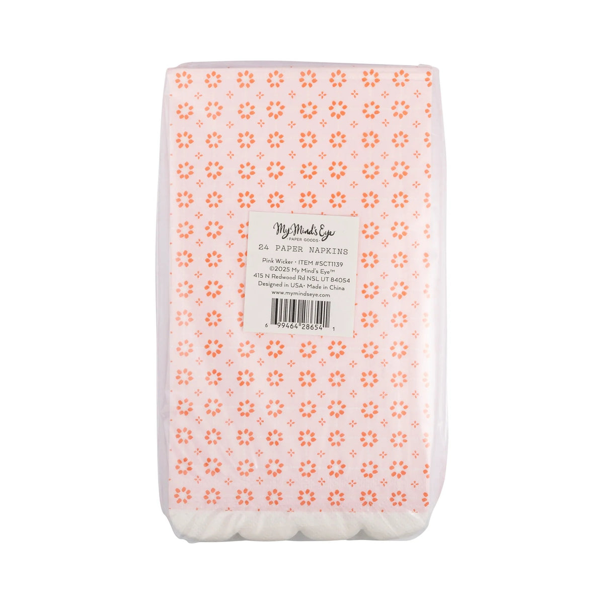 Pink Wicker Dinner Napkins in packaging, showcasing a vintage-inspired woven print.