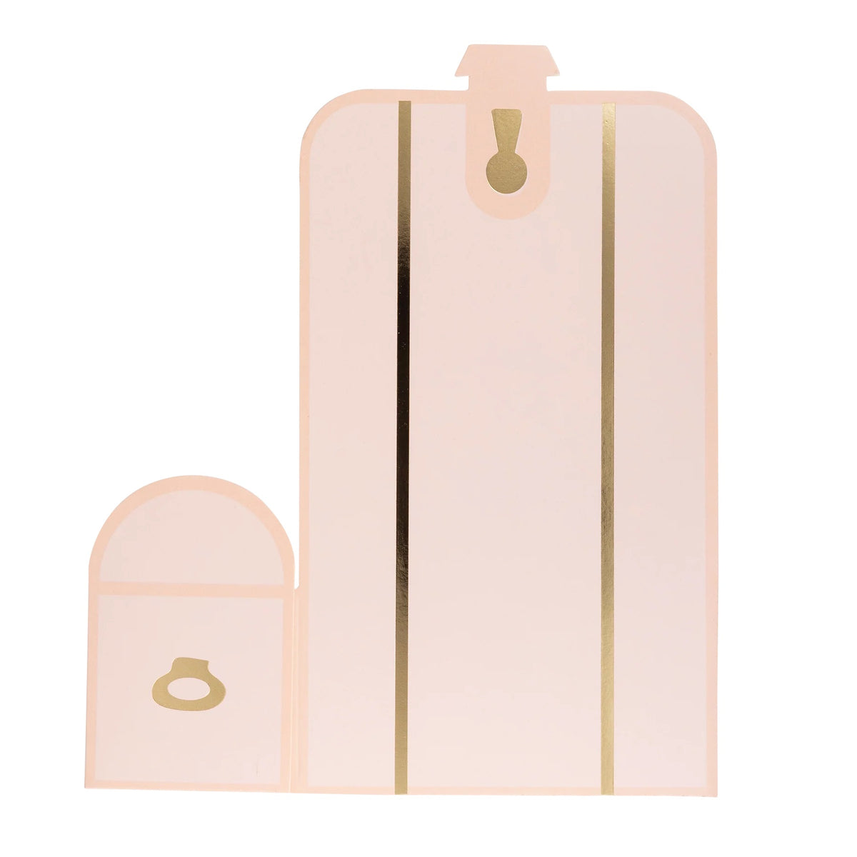 Close-up of a single blush pink treasure chest-shaped treat box accented with shiny gold foil detailing.
