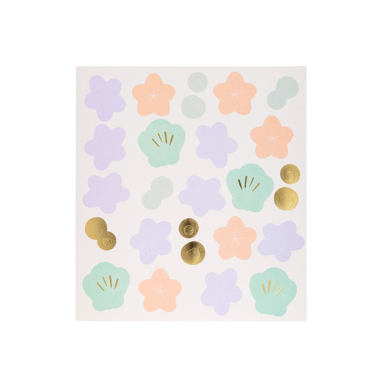 Pastel-colored sticker sheet featuring adorable seashell, starfish, and bubble designs, perfect for decorating treasure boxes.